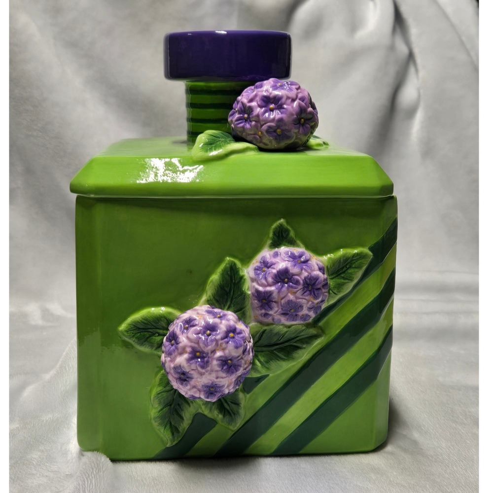 Vintage Green Ceramic Hydrangea Floral Square Canister‎ Decorative Storage Jar